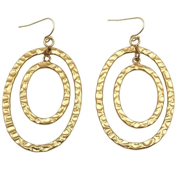 Jewelry - Matte Gold Hammered Oval Dangle Earrings